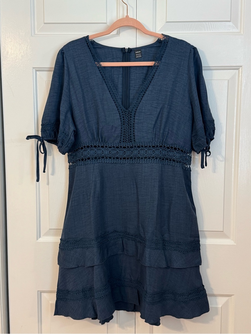 SHEIN Navy Crochet-Trim V-Neck Midi Dress